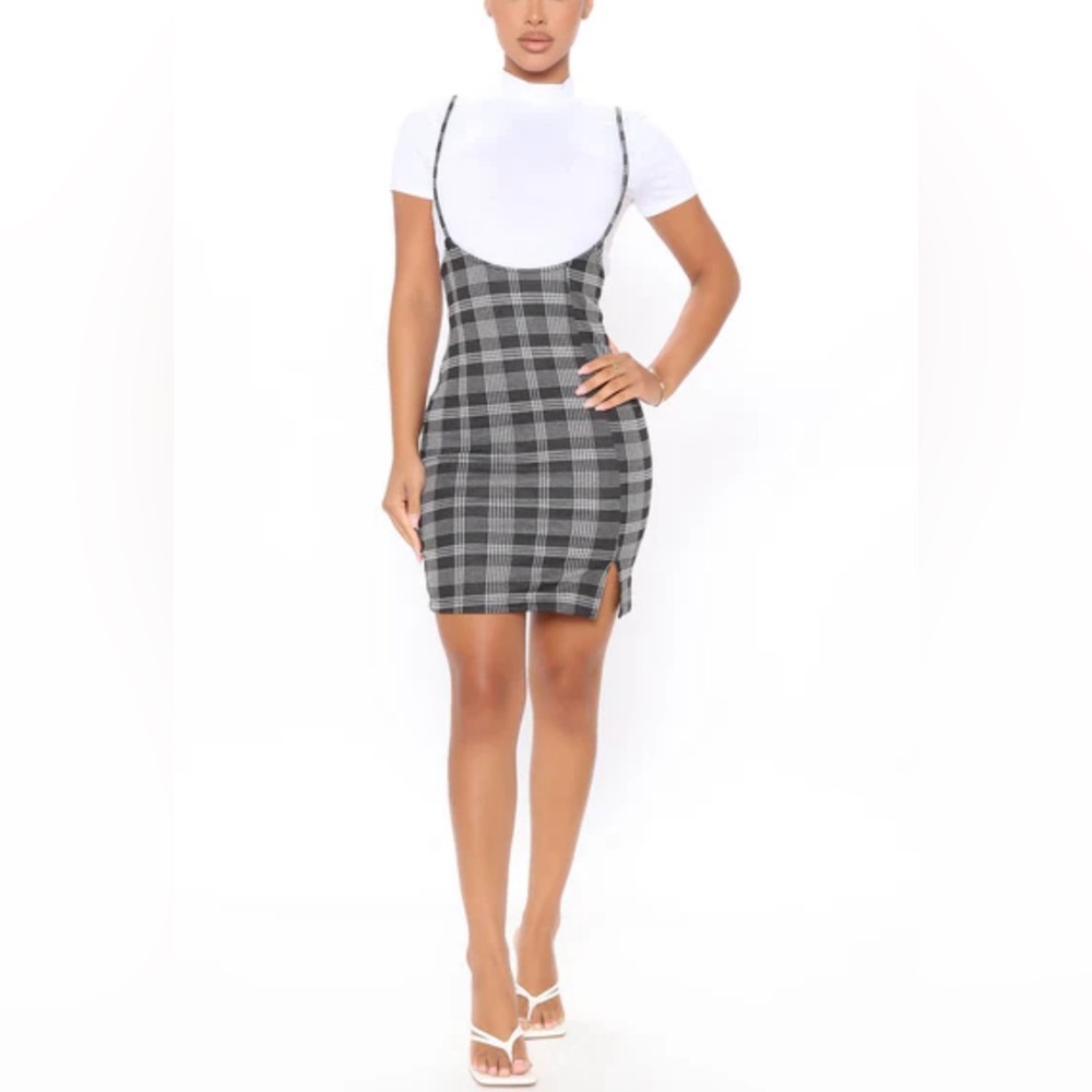 Lovely Day Plaid Women’s Overall Mini Dress Black And Gray Size Medium